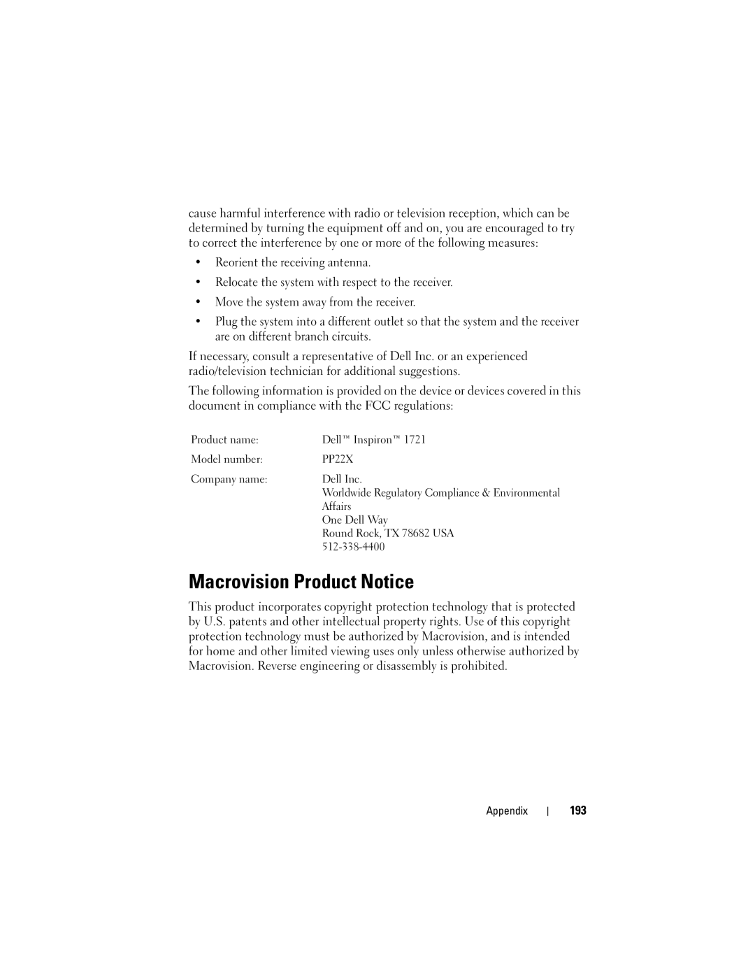 Dell GU051 manual Macrovision Product Notice, 193 