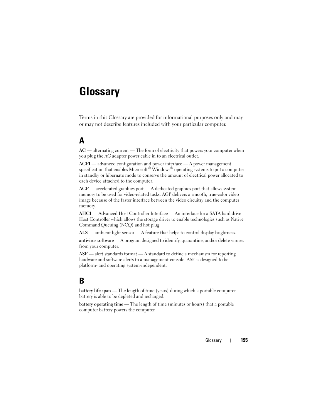 Dell GU051 manual Glossary, 195 