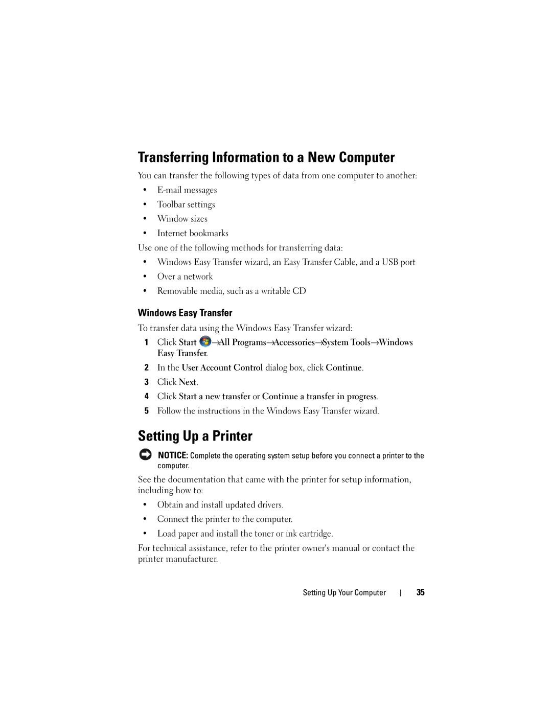 Dell GU051 manual Transferring Information to a New Computer, Setting Up a Printer, Windows Easy Transfer 