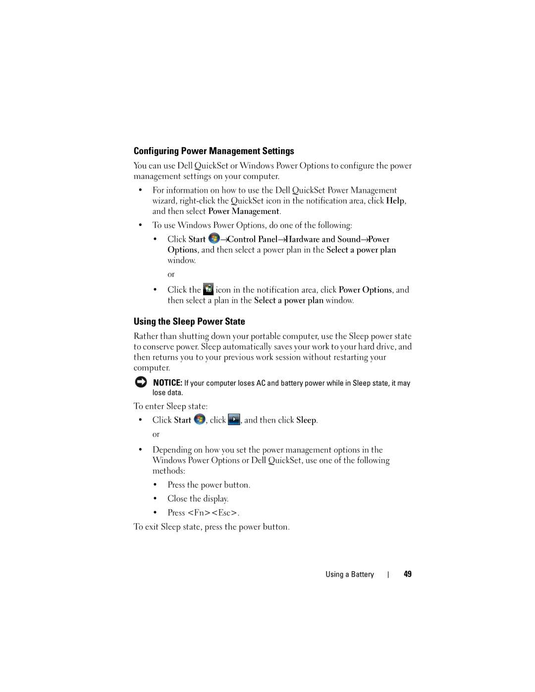 Dell GU051 manual Configuring Power Management Settings, Using the Sleep Power State 