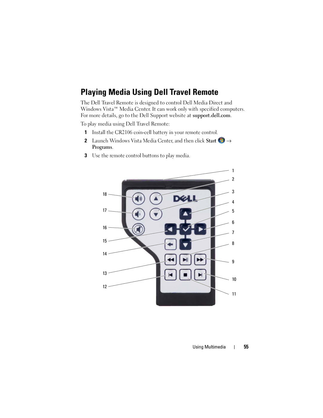 Dell GU051 manual Playing Media Using Dell Travel Remote 