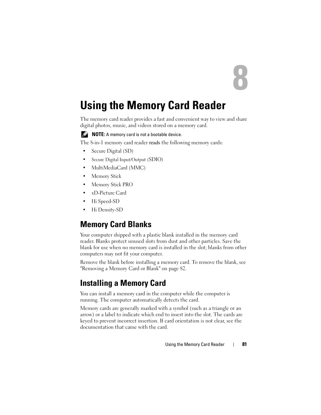 Dell GU051 manual Using the Memory Card Reader, Memory Card Blanks, Installing a Memory Card 