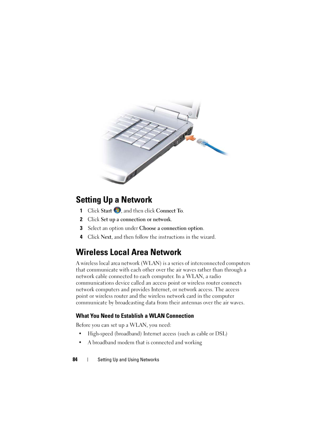 Dell GU051 manual Setting Up a Network, Wireless Local Area Network, What You Need to Establish a Wlan Connection 