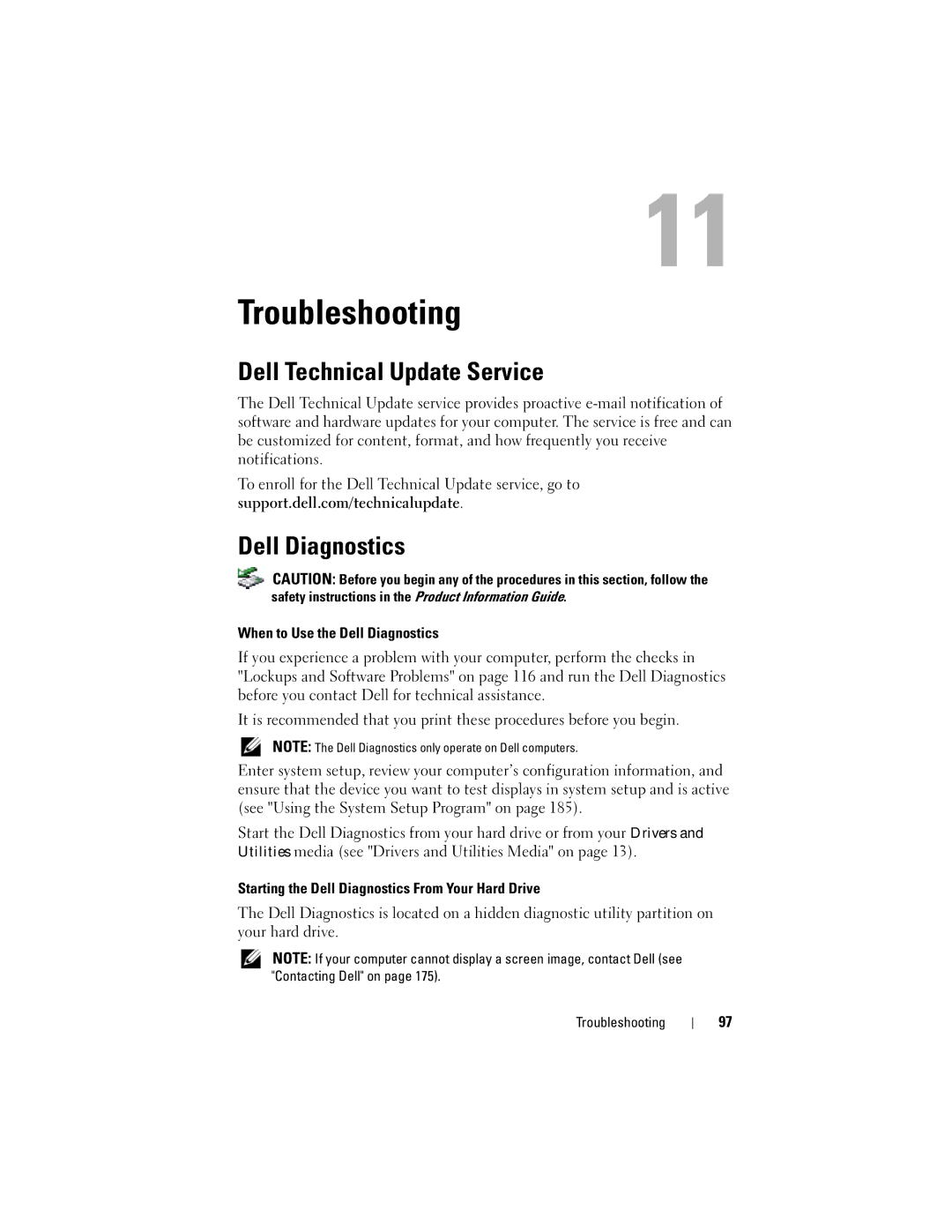 Dell GU051 manual Troubleshooting, Dell Technical Update Service, Dell Diagnostics 