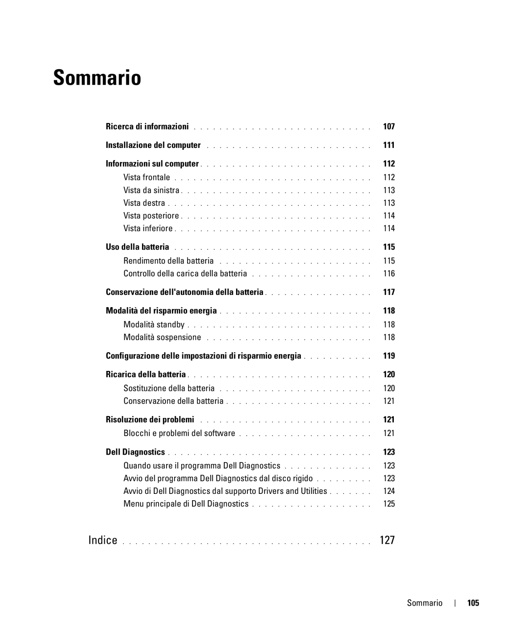 Dell GU806 manual 107, 111, 112, 115, Conservazione dellautonomia della batteria 117, 118, 120, 121, 123, 105 