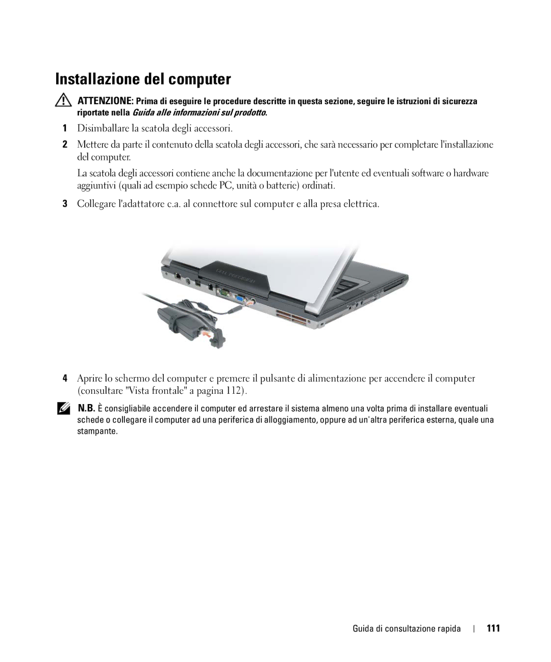 Dell GU806 manual Installazione del computer, 111 