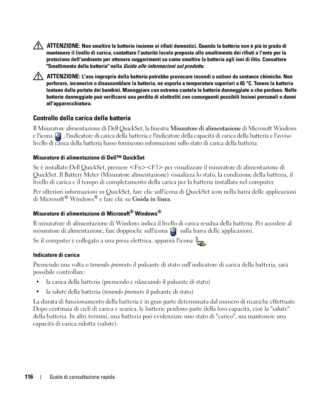 Dell GU806 Controllo della carica della batteria, Misuratore di alimentazione di Dell QuickSet, Indicatore di carica, 116 