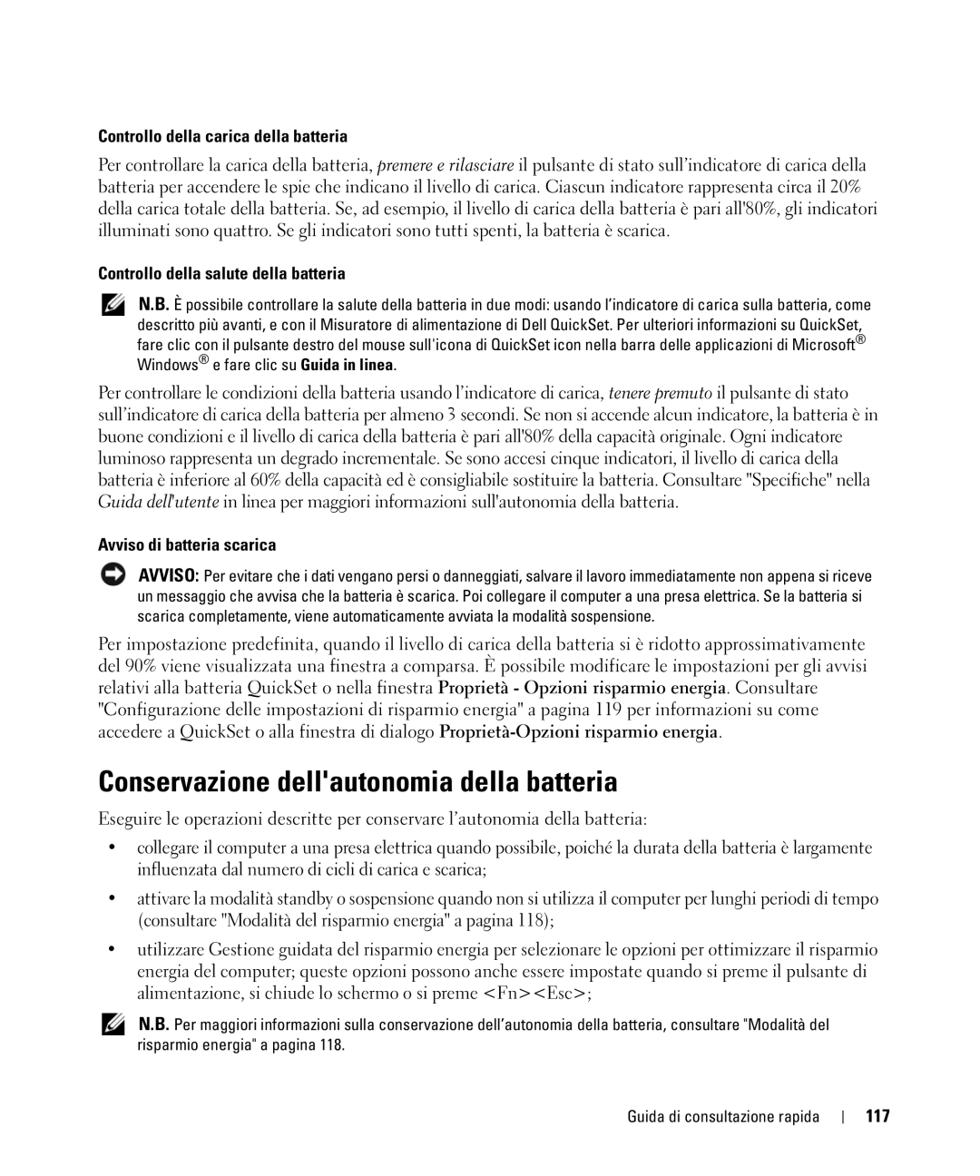 Dell GU806 Conservazione dellautonomia della batteria, Controllo della carica della batteria, Avviso di batteria scarica 