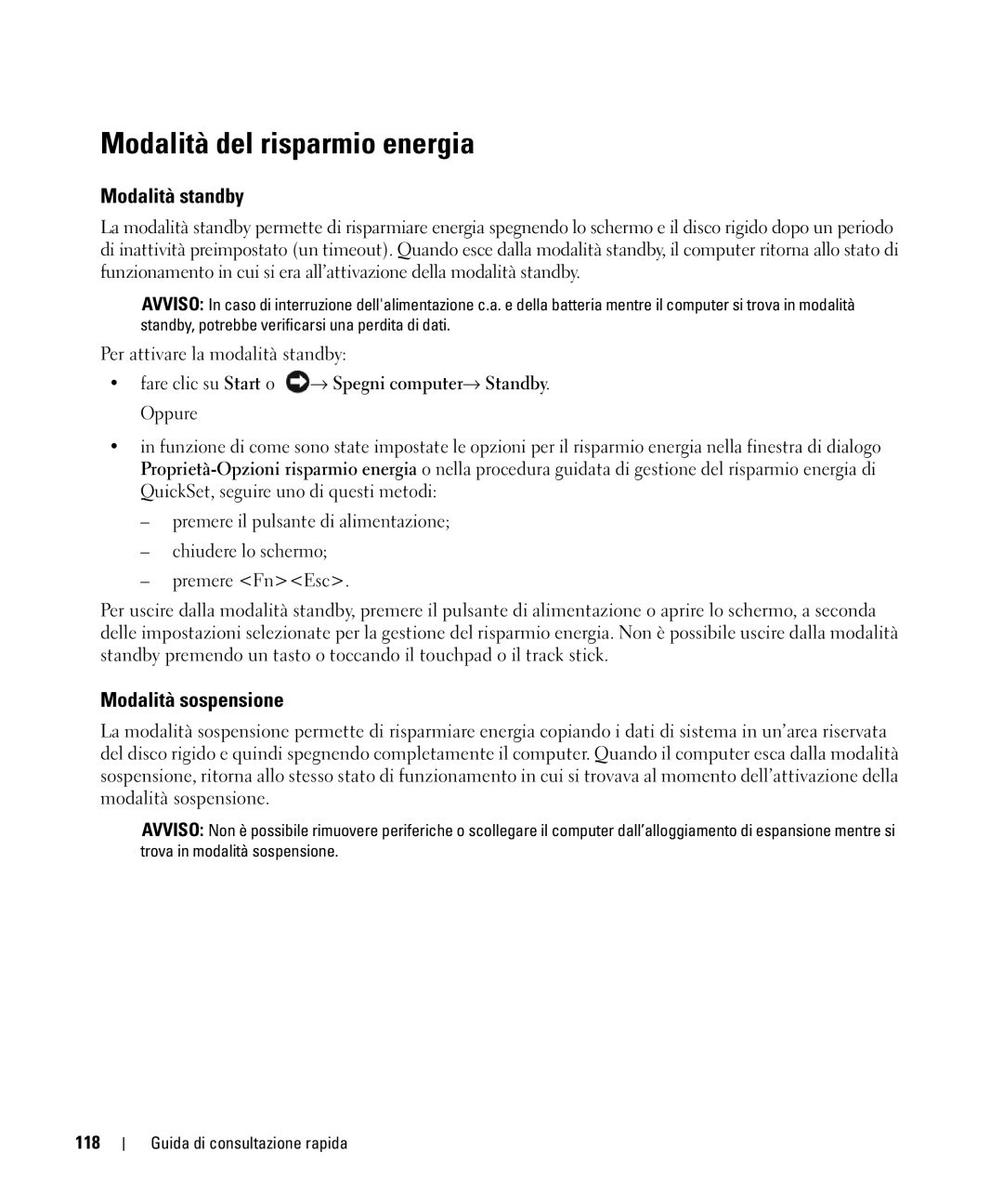 Dell GU806 manual Modalità del risparmio energia, Modalità standby, Modalità sospensione, 118 