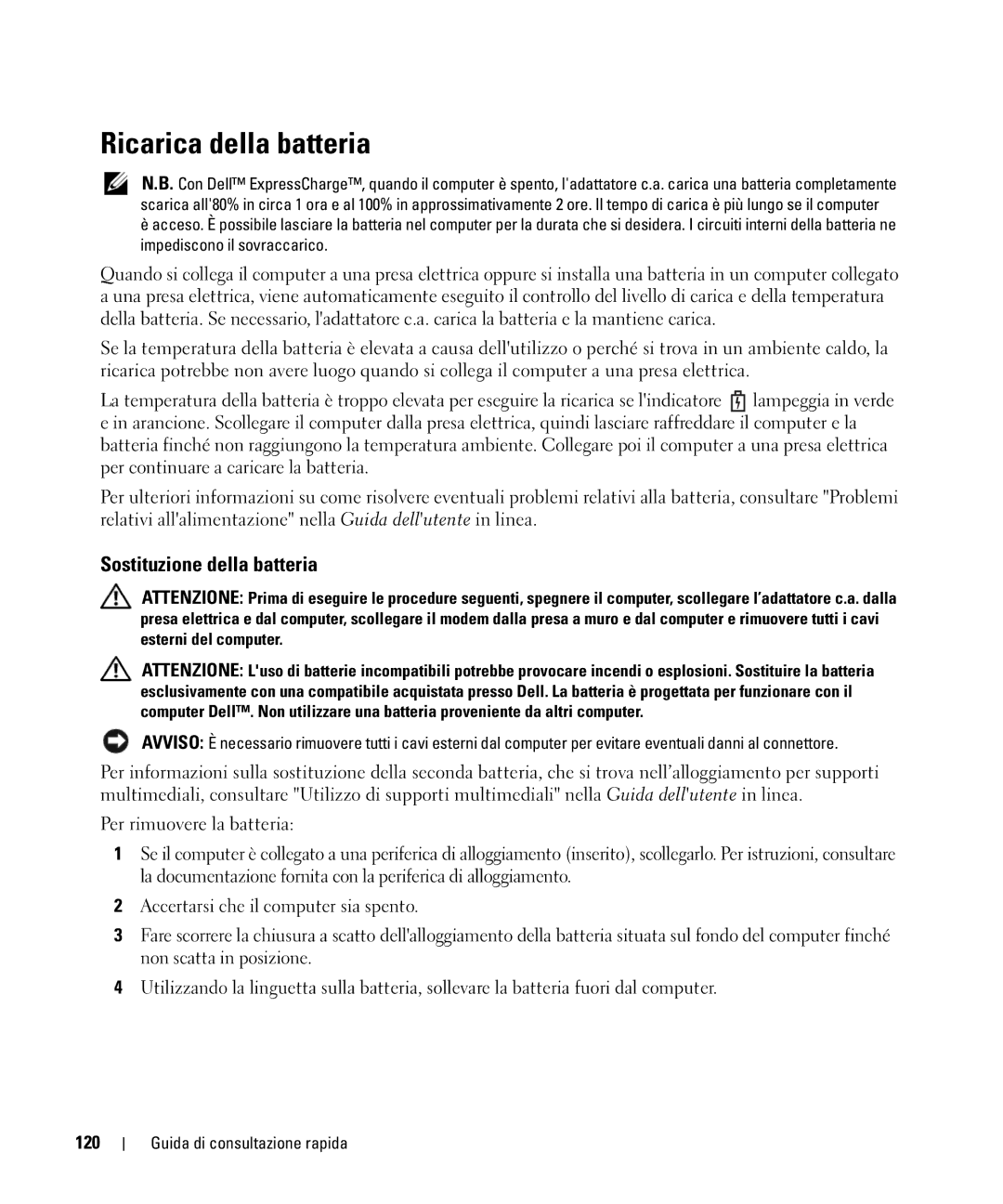 Dell GU806 manual Ricarica della batteria, Sostituzione della batteria, 120 