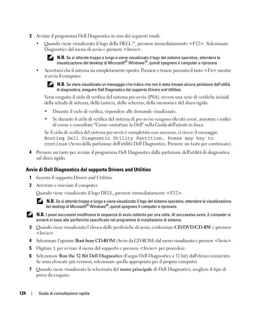Dell GU806 manual Avvio di Dell Diagnostics dal supporto Drivers and Utilities, 124 
