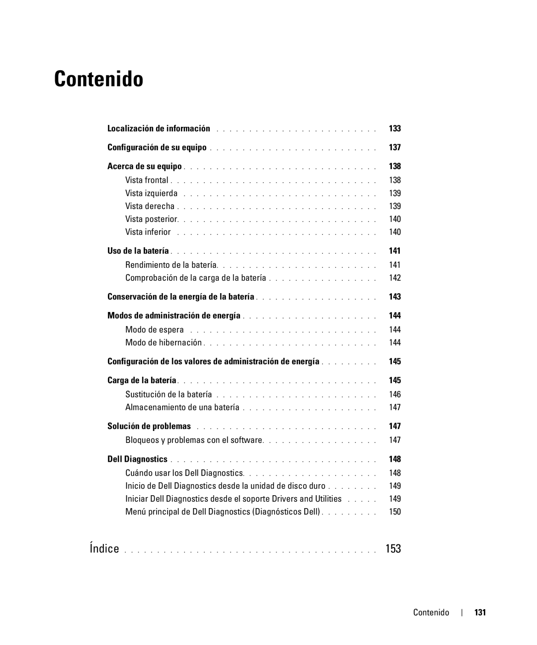 Dell GU806 manual 133, 137, 138, 141, Conservación de la energía de la batería 143, 144, 147, 148, 131 