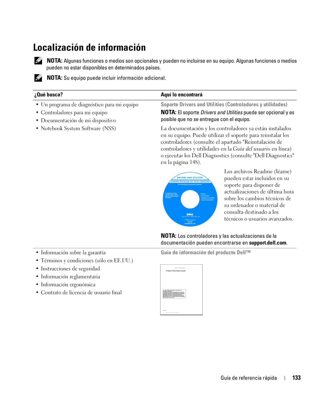 Dell GU806 manual Localización de información, 133, ¿Qué busca? Aquí lo encontrará, Guía de información del producto Dell 