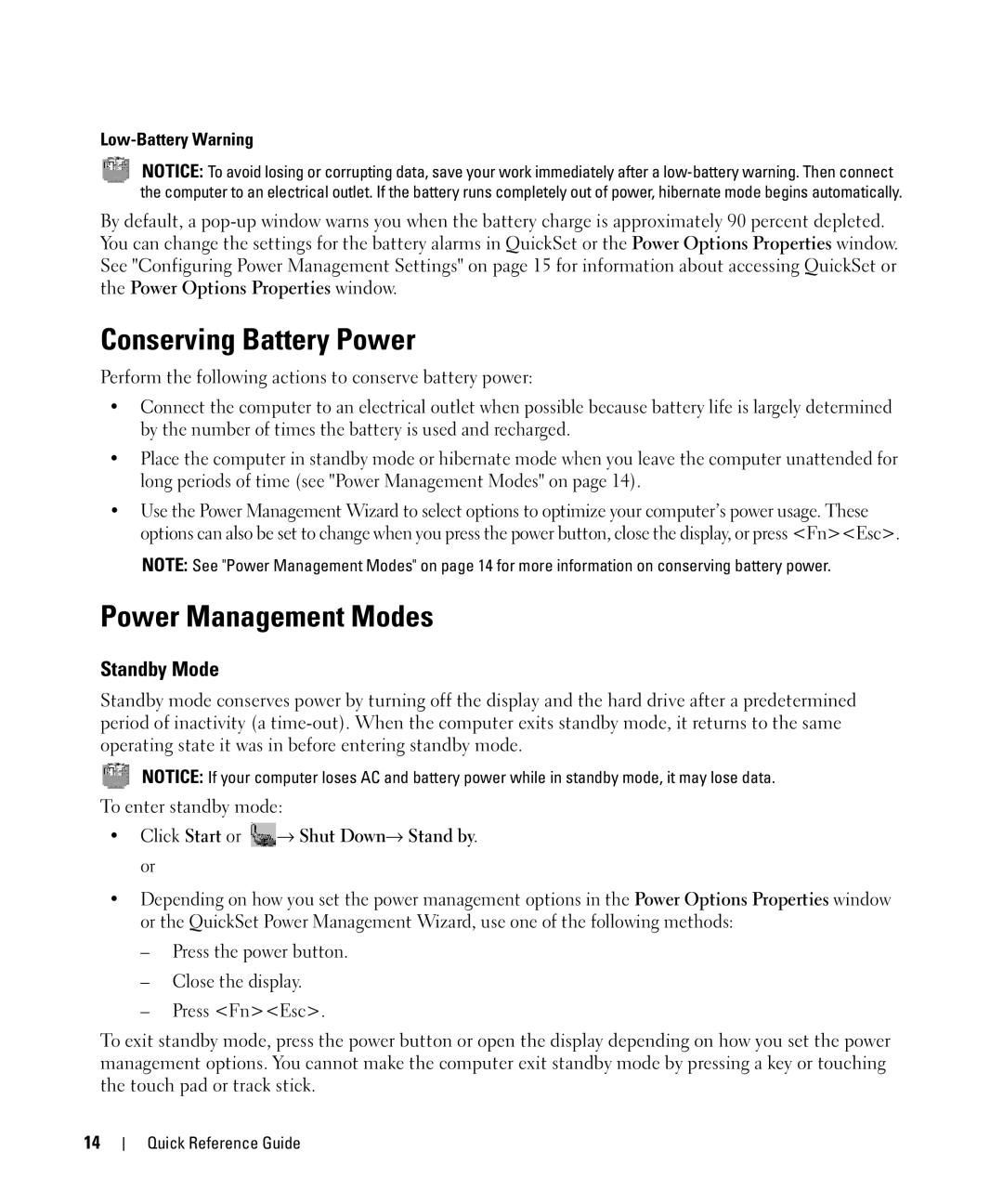 Dell GU806 manual Conserving Battery Power, Power Management Modes, Standby Mode, Low-Battery Warning 