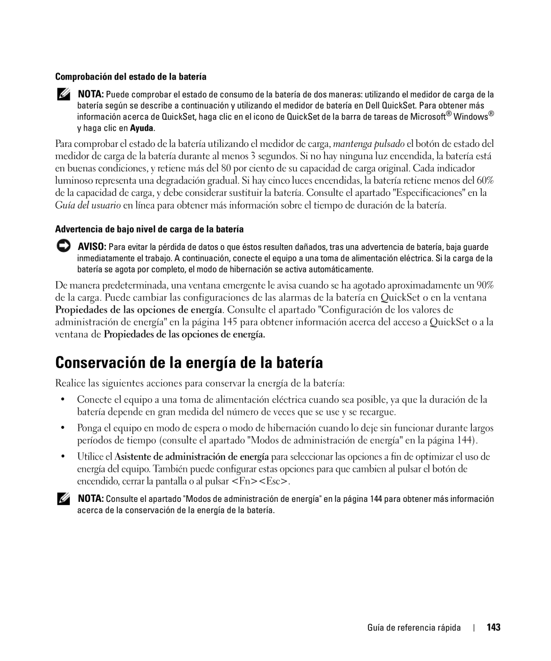 Dell GU806 manual Conservación de la energía de la batería, Comprobación del estado de la batería, 143 