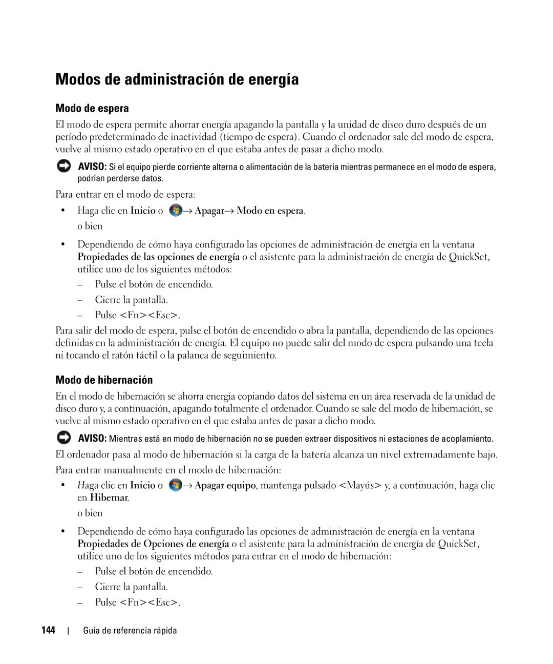 Dell GU806 manual Modos de administración de energía, Modo de espera, Modo de hibernación, 144 