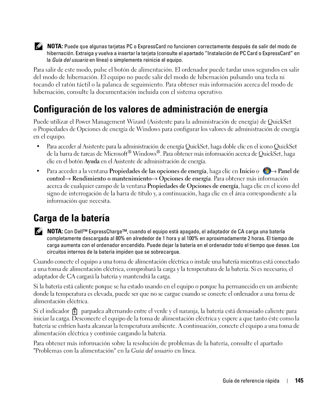 Dell GU806 manual Configuración de los valores de administración de energía, Carga de la batería, 145 