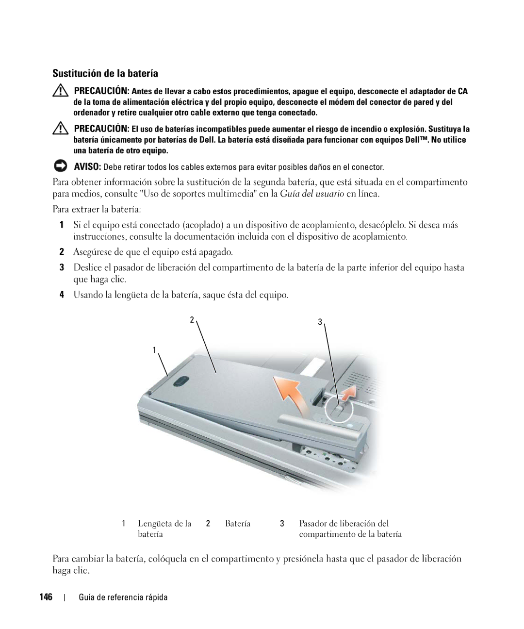 Dell GU806 manual Sustitución de la batería, 146 