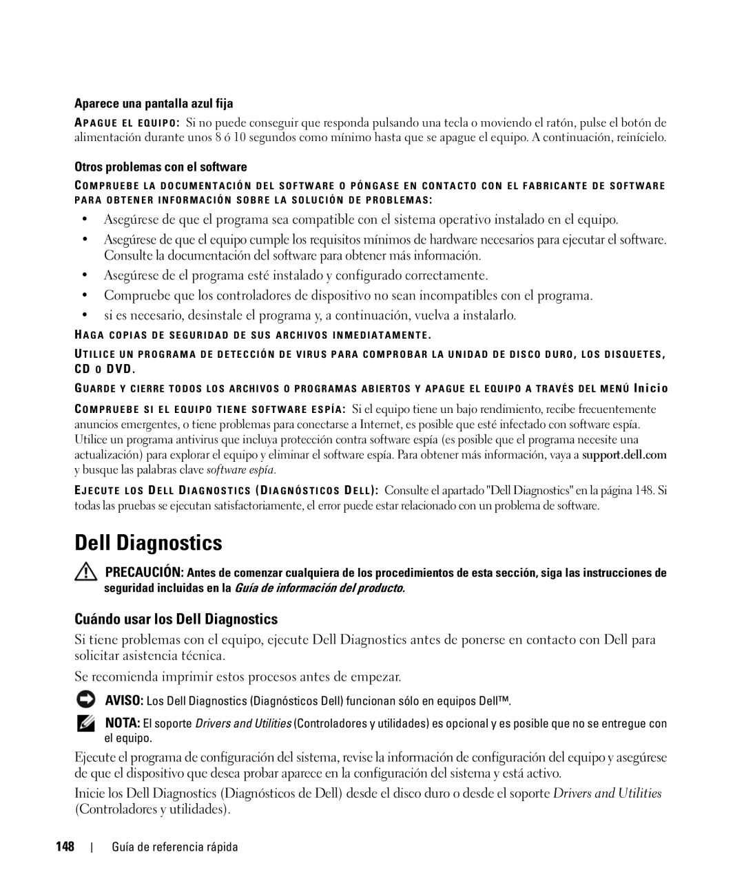 Dell GU806 manual Cuándo usar los Dell Diagnostics, Aparece una pantalla azul fija, Otros problemas con el software, 148 