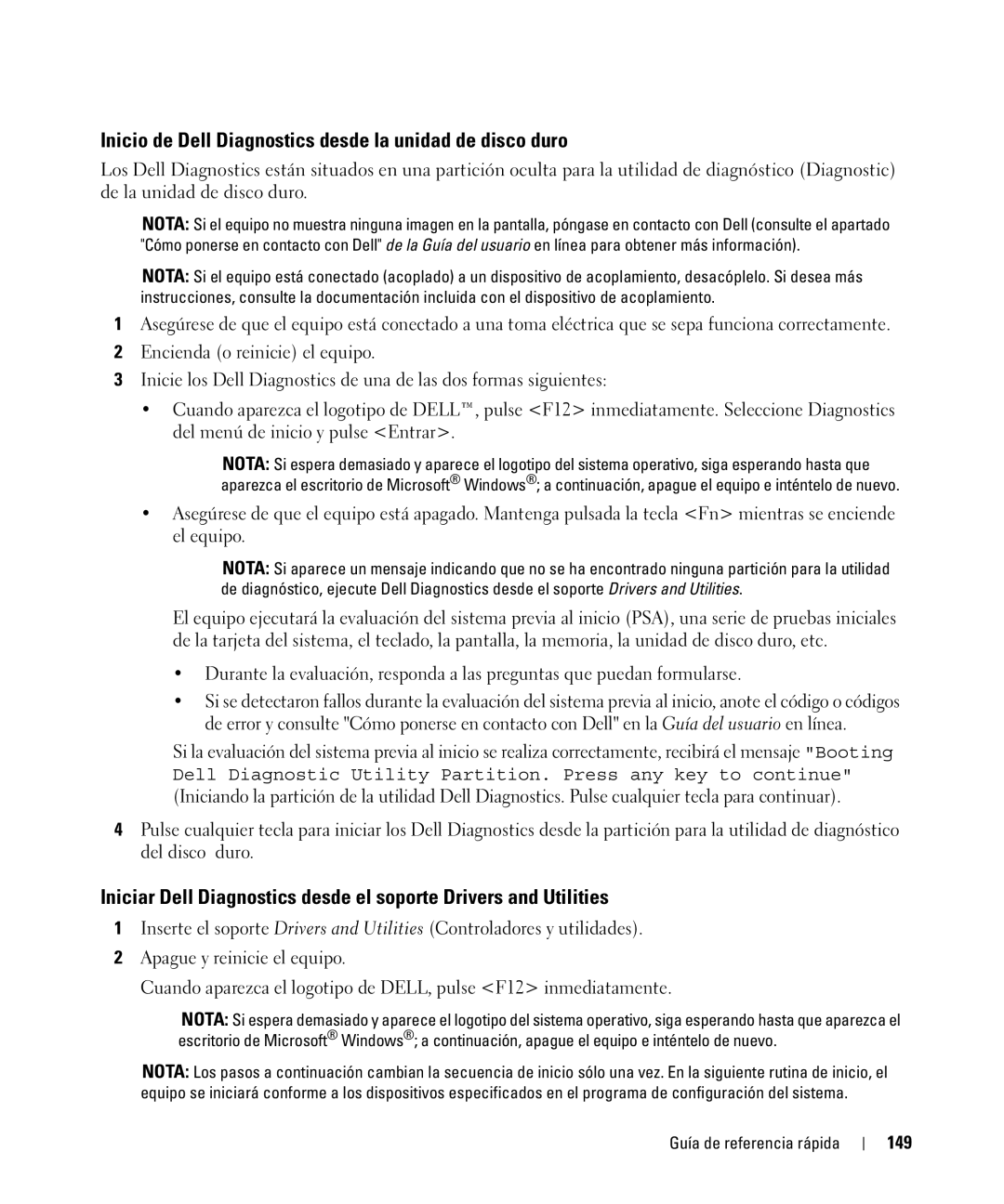 Dell GU806 manual Inicio de Dell Diagnostics desde la unidad de disco duro, 149 