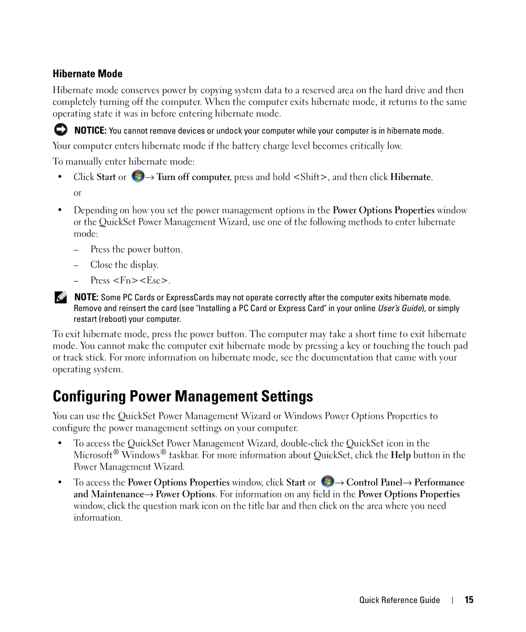 Dell GU806 manual Configuring Power Management Settings, Hibernate Mode 