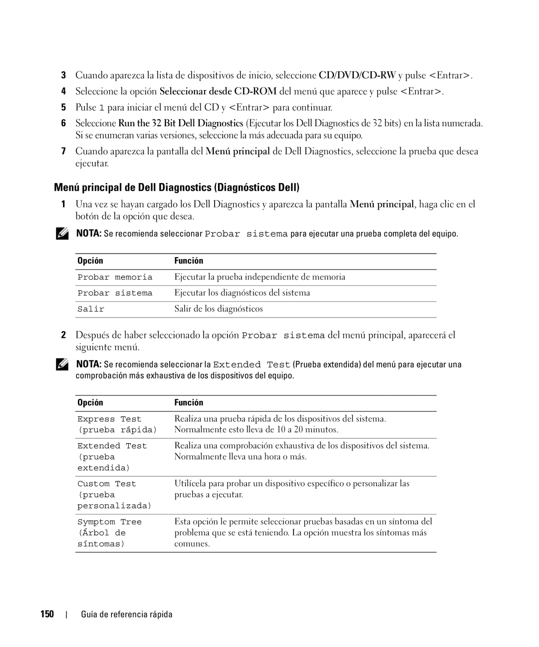 Dell GU806 manual Menú principal de Dell Diagnostics Diagnósticos Dell, 150, Opción Función 