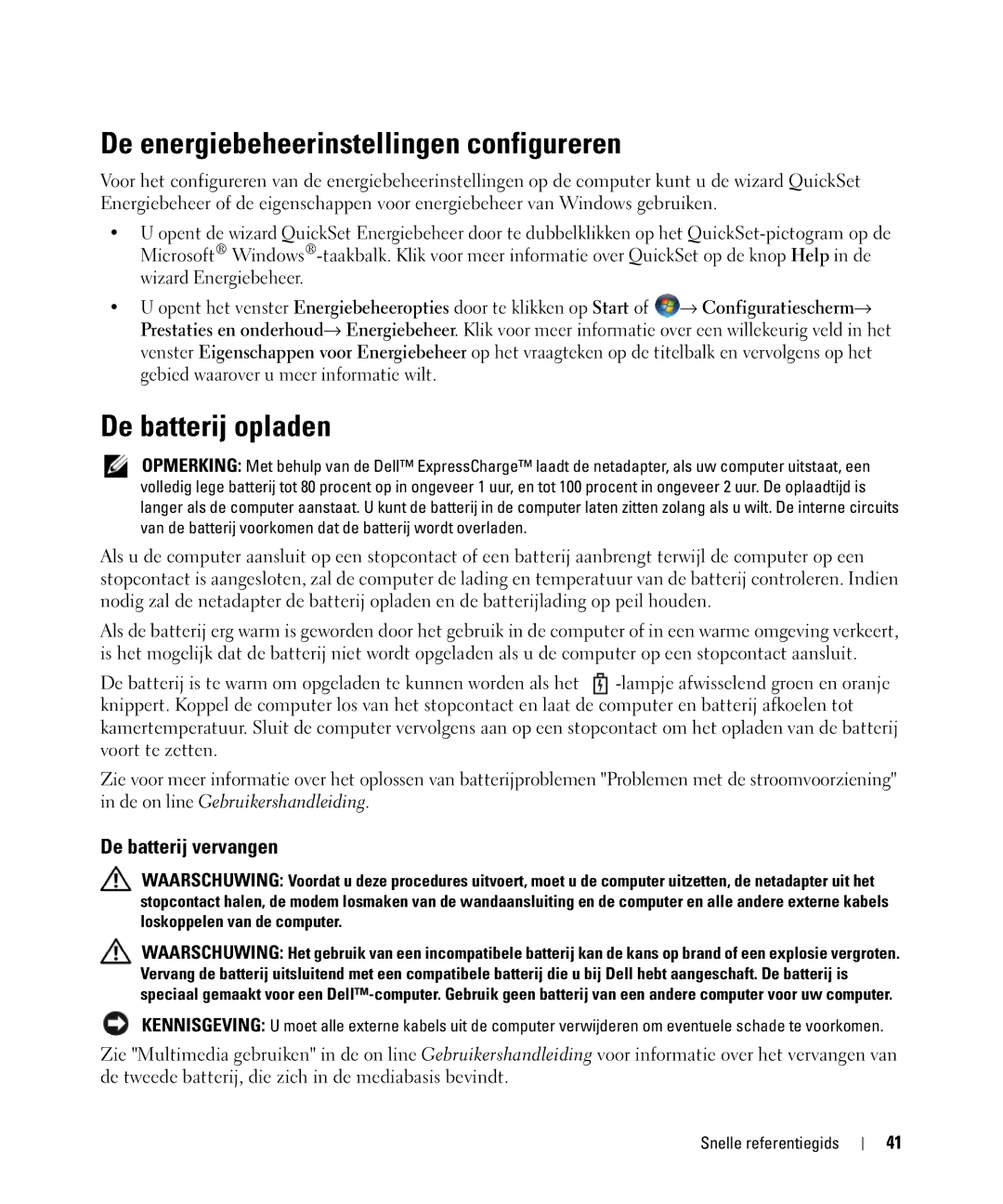 Dell GU806 manual De energiebeheerinstellingen configureren, De batterij opladen, De batterij vervangen 