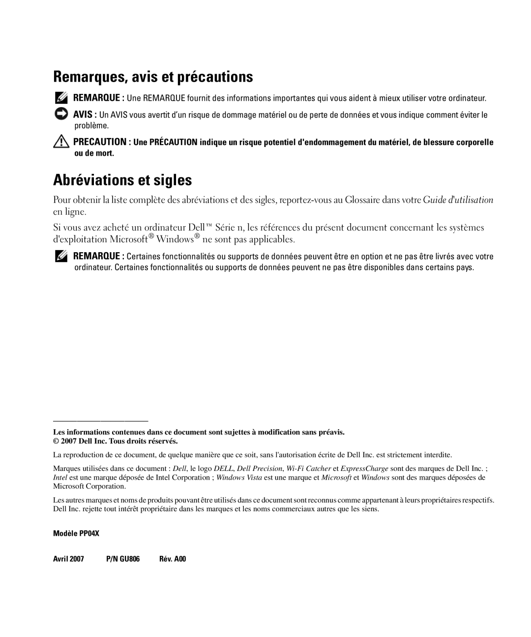 Dell GU806 manual Remarques, avis et précautions, Abréviations et sigles 