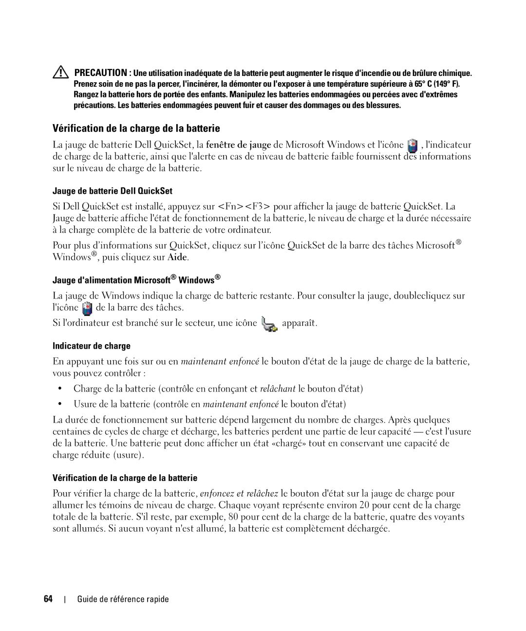 Dell GU806 manual Vérification de la charge de la batterie, Jauge de batterie Dell QuickSet, Indicateur de charge 
