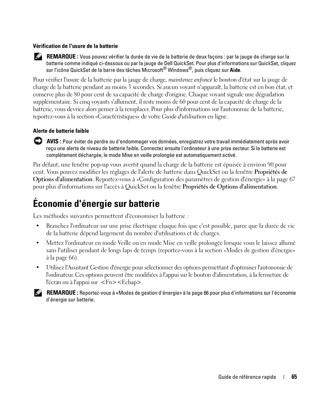 Dell GU806 manual Économie dénergie sur batterie, Vérification de lusure de la batterie, Alerte de batterie faible 