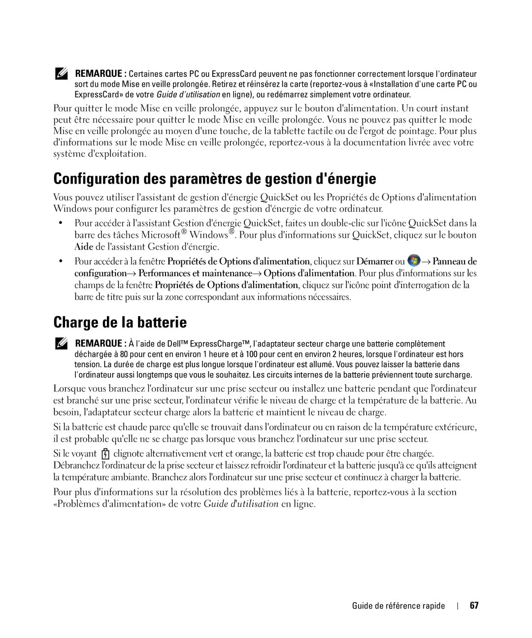 Dell GU806 manual Configuration des paramètres de gestion dénergie, Charge de la batterie 