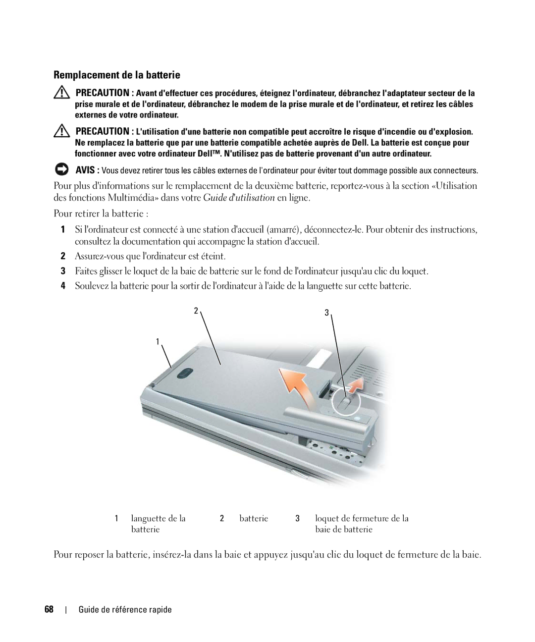 Dell GU806 manual Remplacement de la batterie 