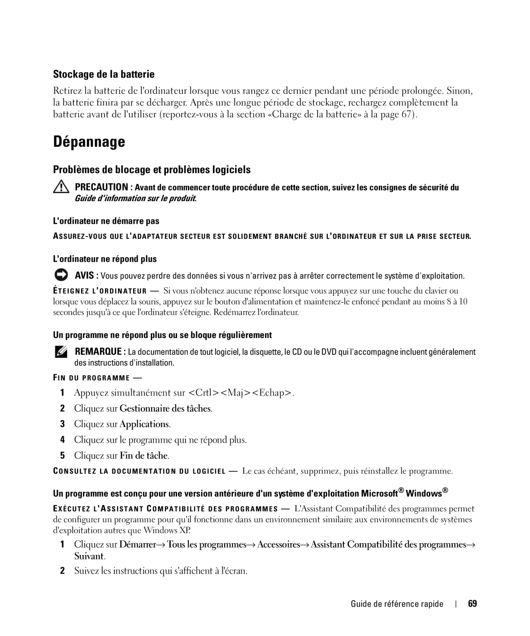 Dell GU806 manual Dépannage, Stockage de la batterie, Problèmes de blocage et problèmes logiciels 