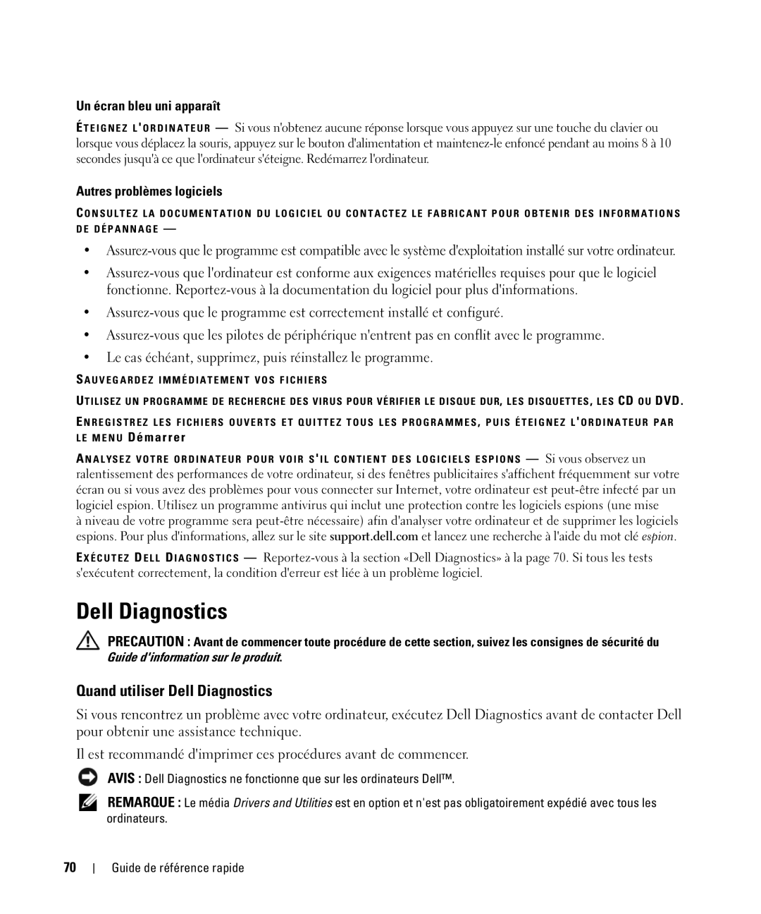 Dell GU806 manual Quand utiliser Dell Diagnostics, Un écran bleu uni apparaît, Autres problèmes logiciels 