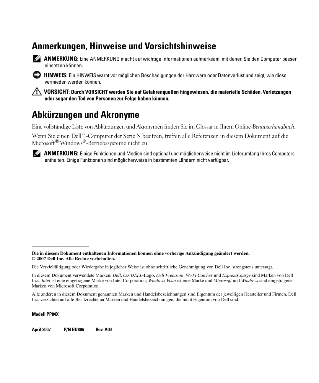 Dell GU806 manual Anmerkungen, Hinweise und Vorsichtshinweise, Abkürzungen und Akronyme 