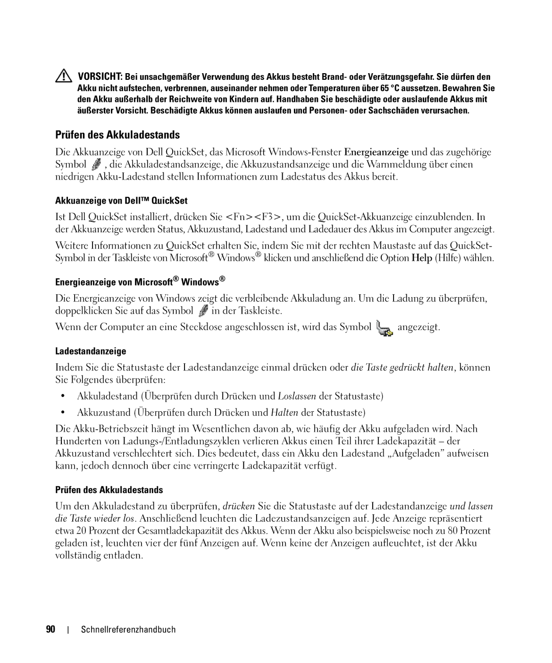 Dell GU806 manual Prüfen des Akkuladestands, Akkuanzeige von Dell QuickSet, Energieanzeige von Microsoft Windows 