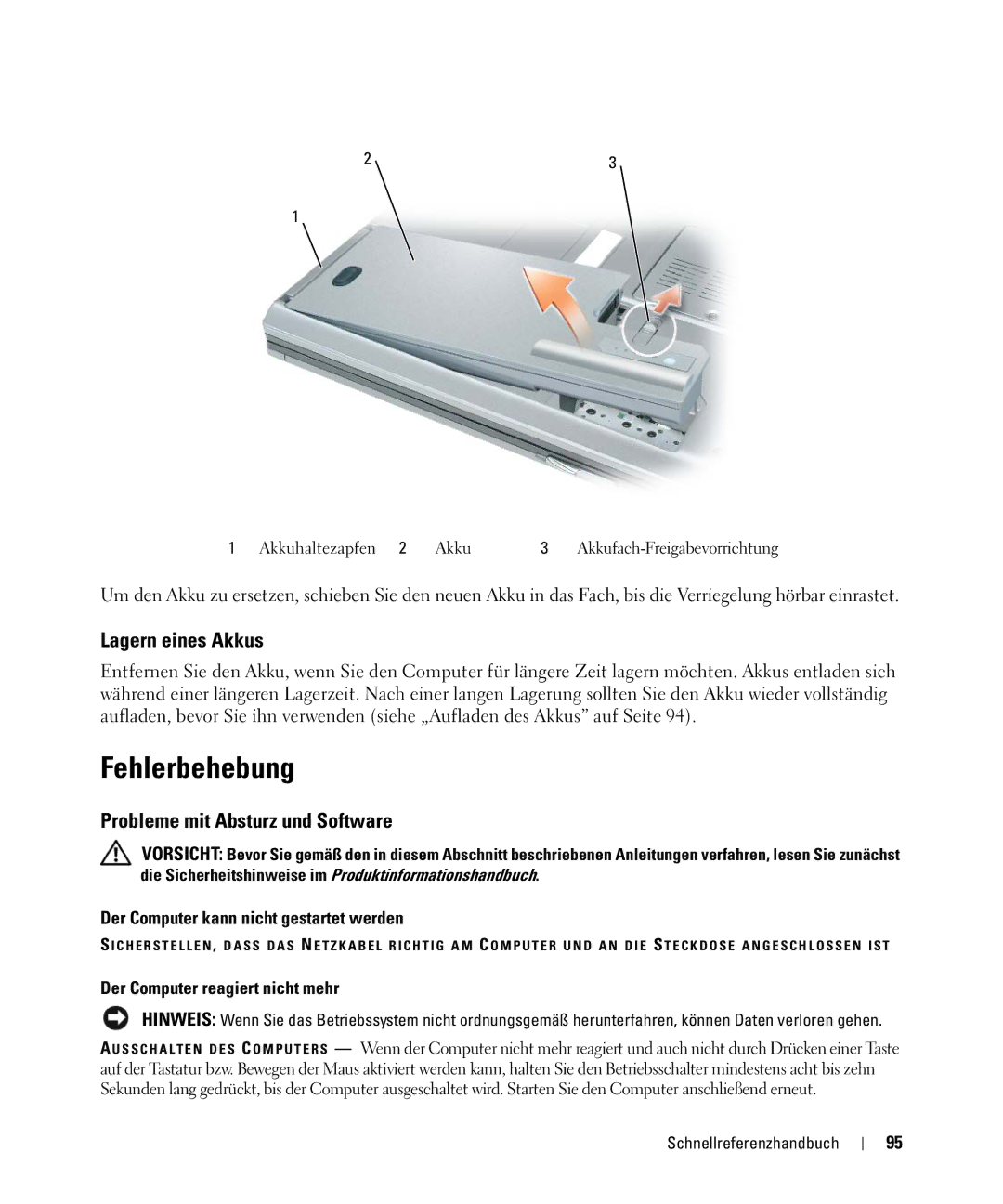 Dell GU806 Fehlerbehebung, Lagern eines Akkus, Probleme mit Absturz und Software, Der Computer kann nicht gestartet werden 