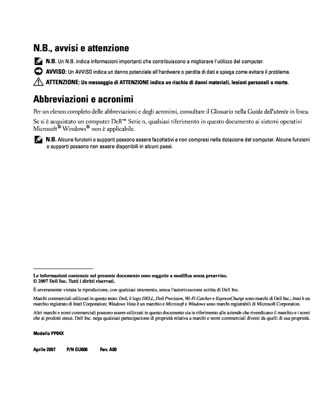 Dell GU806 manual N.B., avvisi e attenzione, Abbreviazioni e acronimi 
