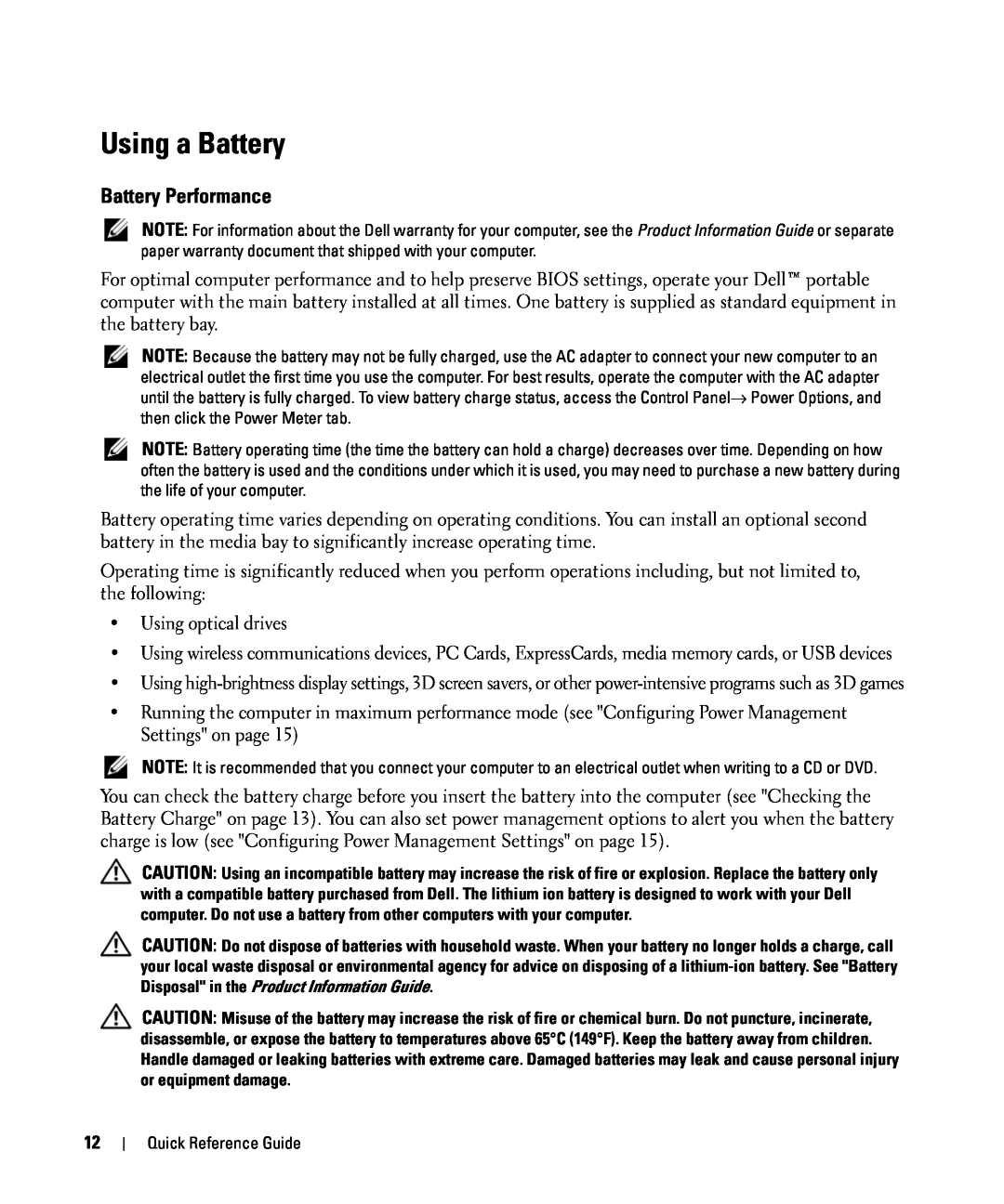 Dell GU806 manual Using a Battery, Battery Performance 