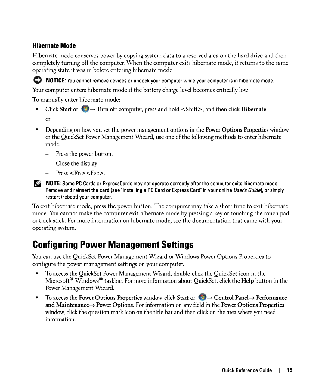 Dell GU806 manual Configuring Power Management Settings, Hibernate Mode 