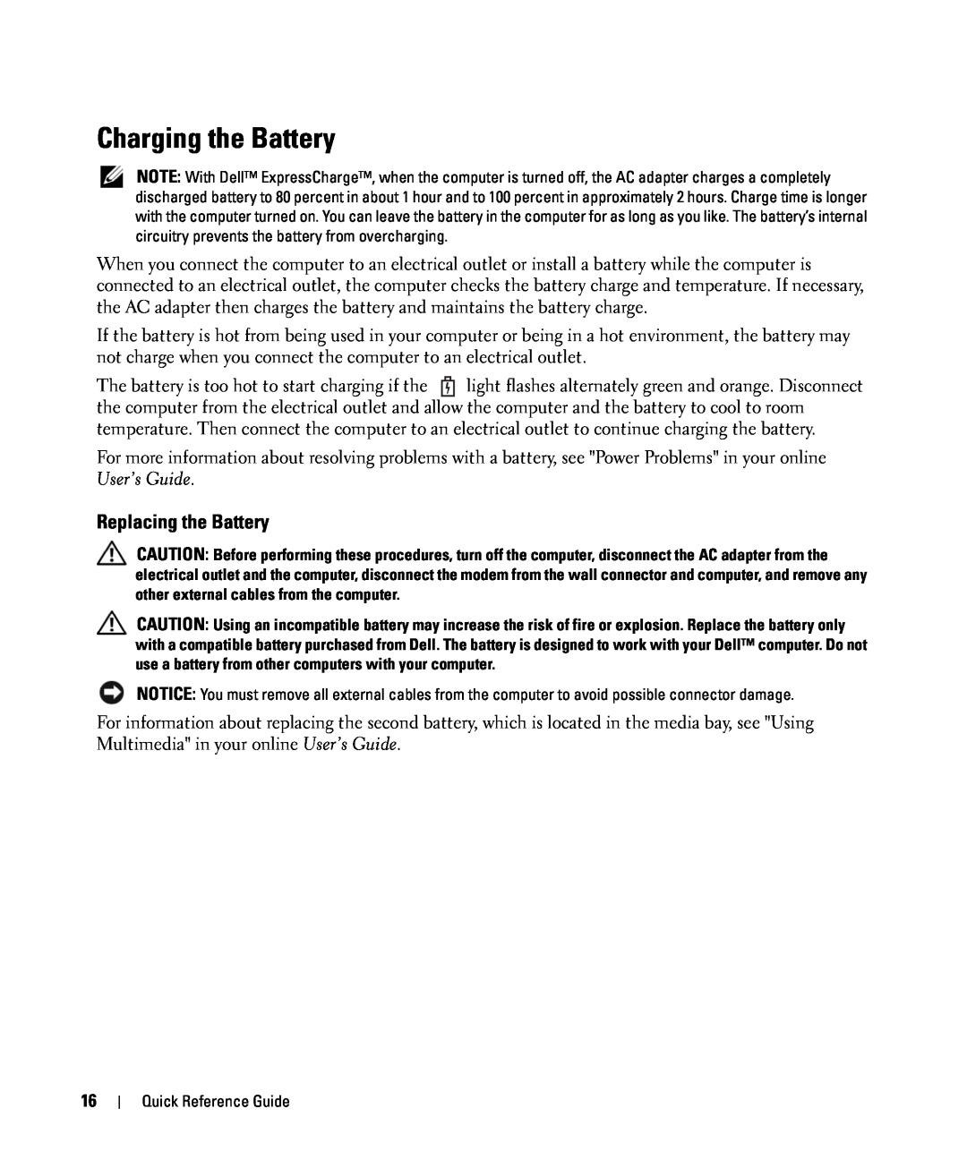 Dell GU806 manual Charging the Battery, Replacing the Battery 