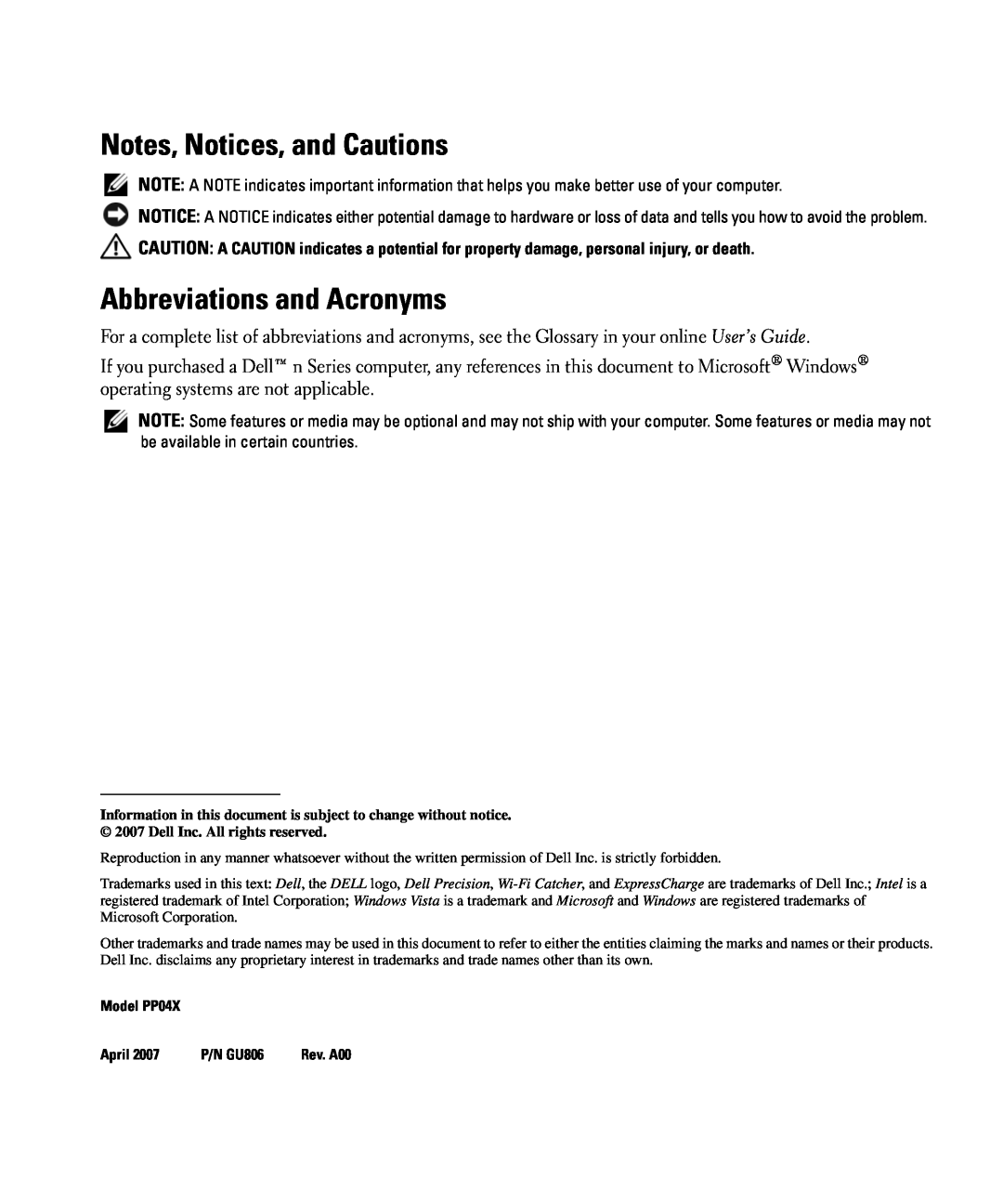 Dell manual Notes, Notices, and Cautions, Abbreviations and Acronyms, Model PP04X, April, P/N GU806 