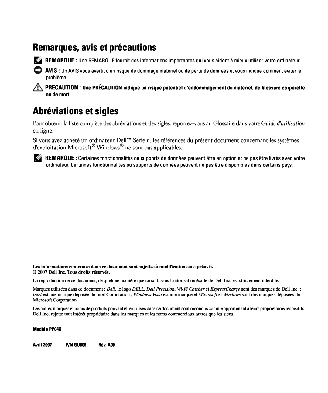 Dell GU806 manual Remarques, avis et précautions, Abréviations et sigles, Rév. A00 