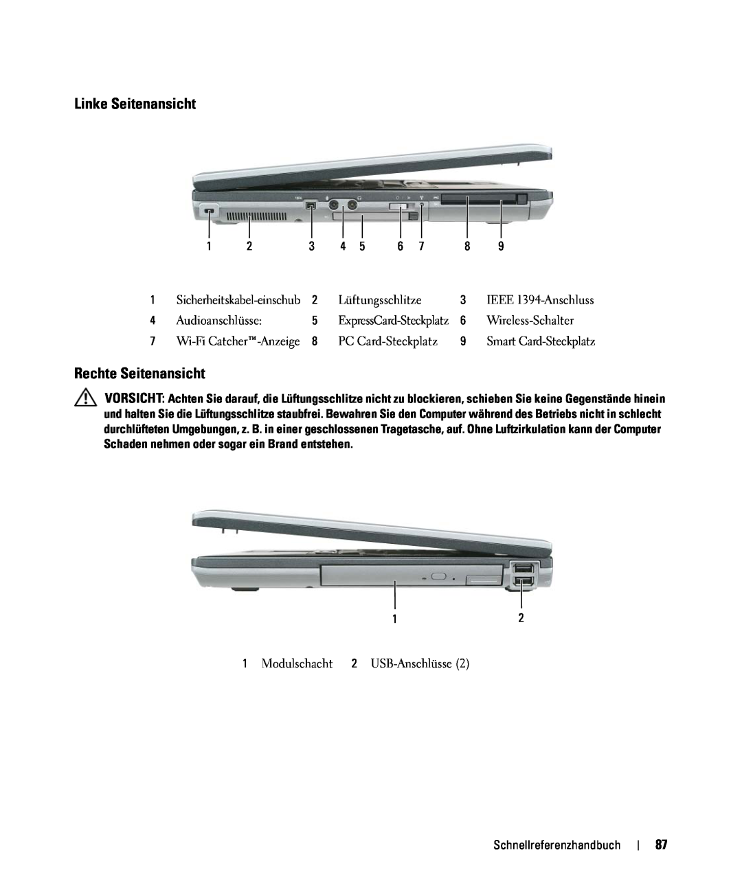 Dell GU806 manual Linke Seitenansicht, Rechte Seitenansicht, Schnellreferenzhandbuch, ExpressCard-Steckplatz 
