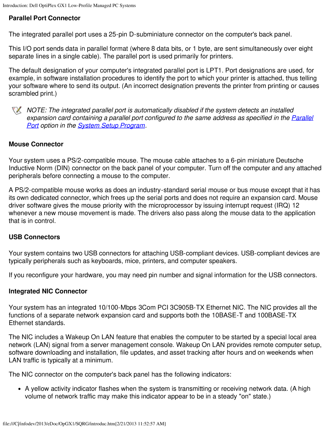 Dell GX1 technical specifications Parallel Port Connector, Mouse Connector, USB Connectors, Integrated NIC Connector 