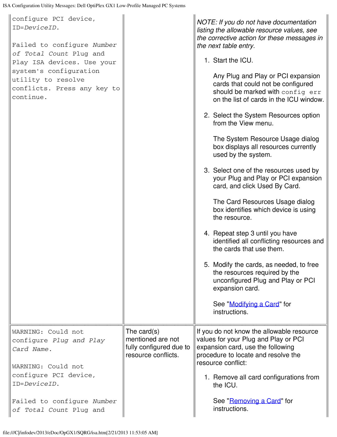 Dell GX1 technical specifications See Modifying a Card for instructions 