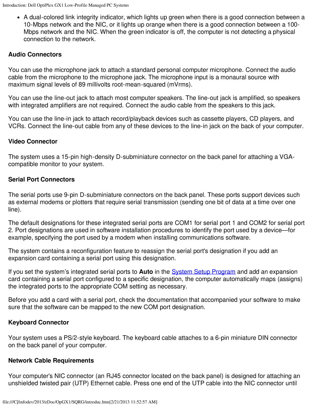 Dell GX1 Audio Connectors, Video Connector, Serial Port Connectors, Keyboard Connector, Network Cable Requirements 