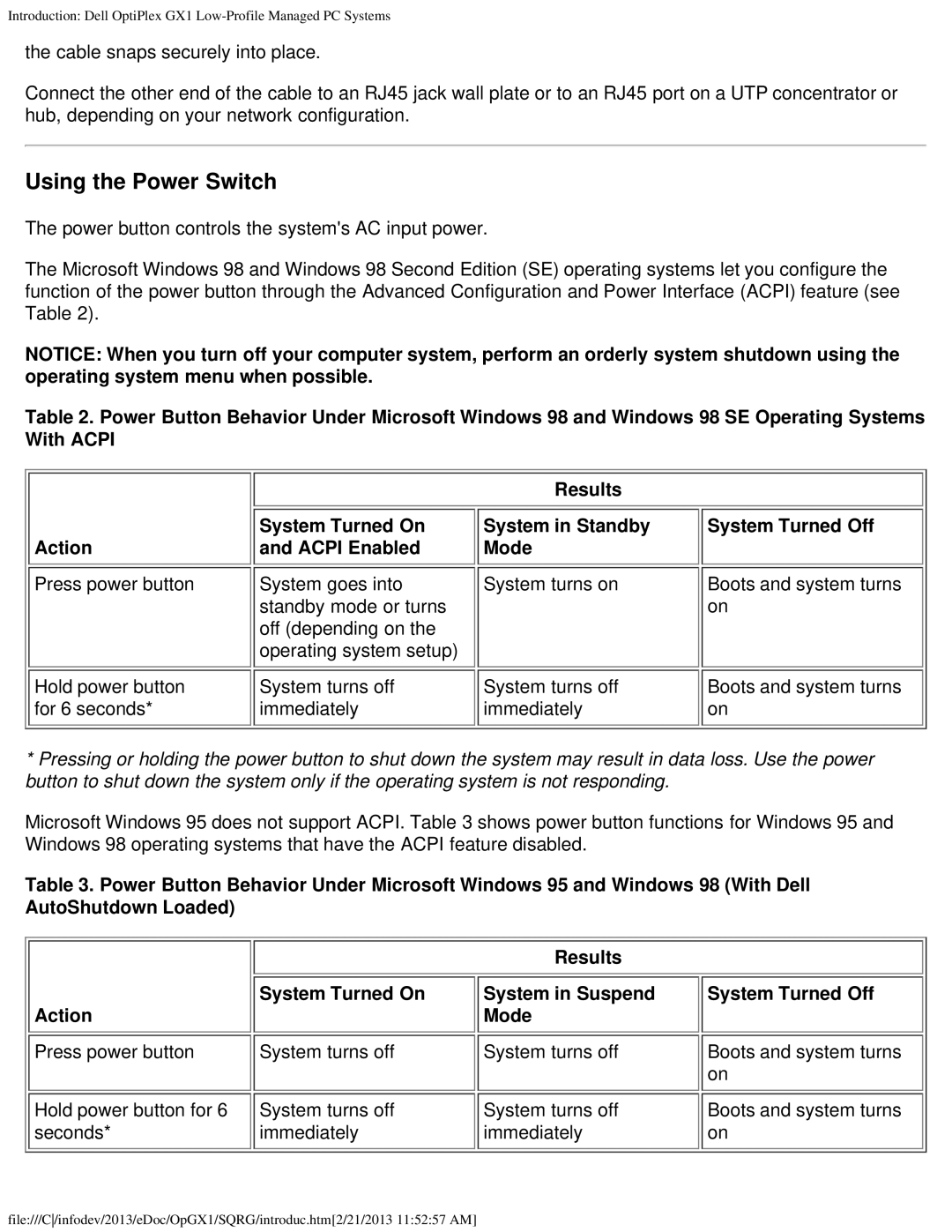 Dell GX1 technical specifications Using the Power Switch 