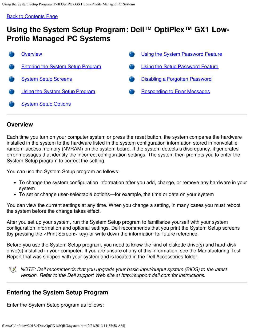 Dell GX1 technical specifications Entering the System Setup Program, Enter the System Setup program as follows 