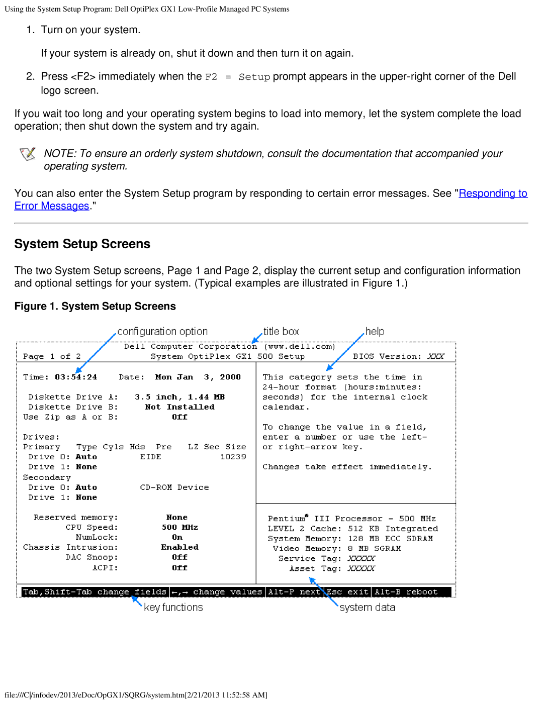 Dell GX1 technical specifications System Setup Screens 